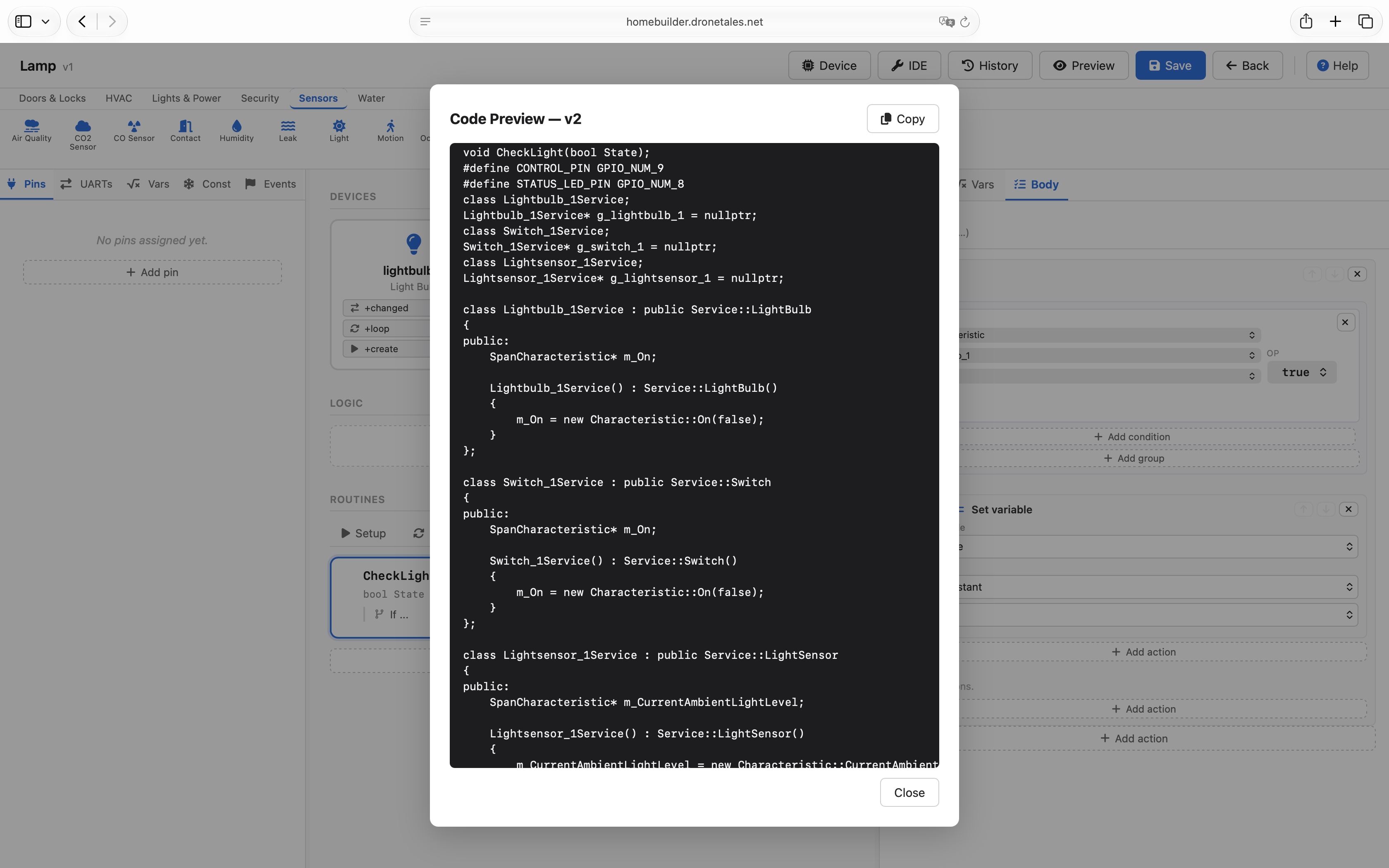 HomeSpan Visual Builder generated .ino sketch preview